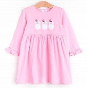 Pink Snowman Embroidered Kids Casual Dress